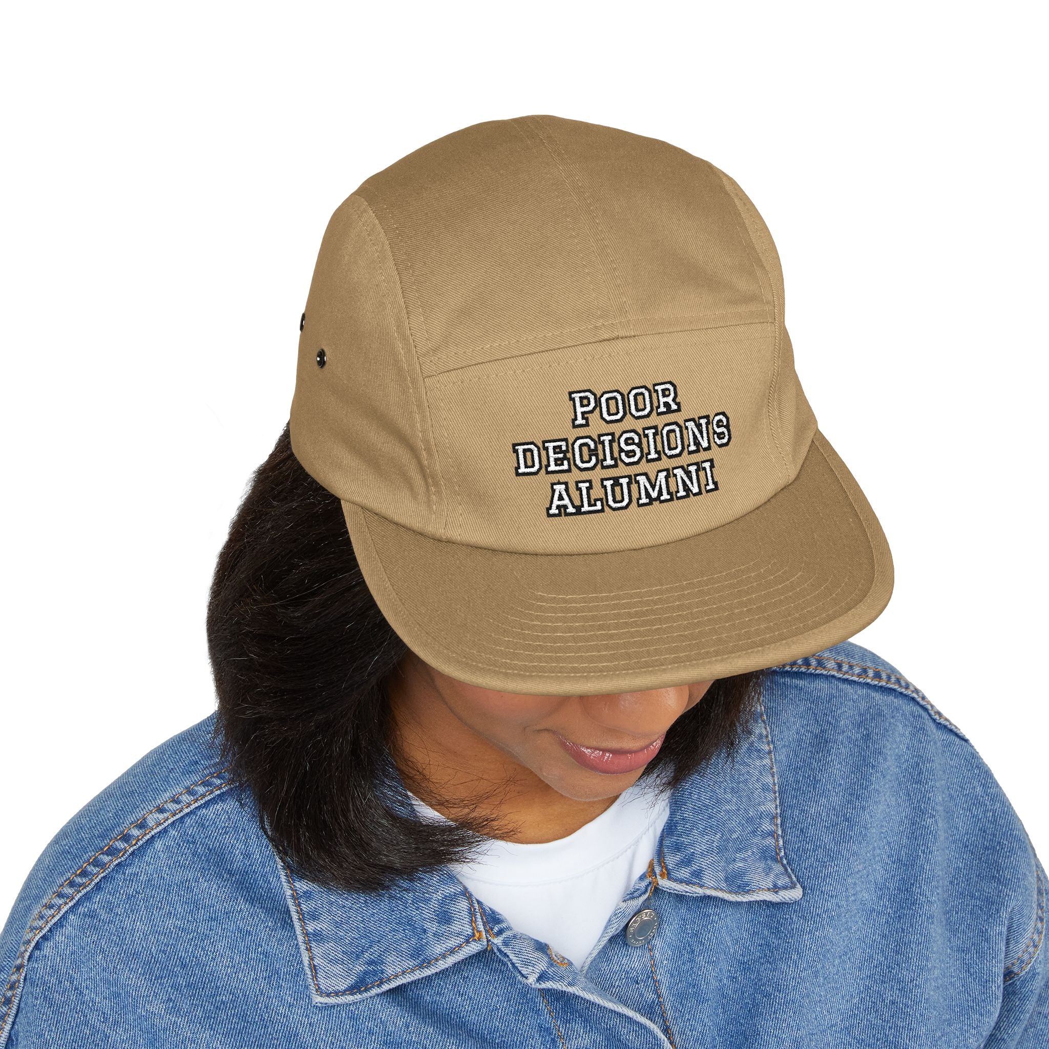 Poor Decisions Alumni 5-Panel Cap | Embroidered Tan Camper Hat