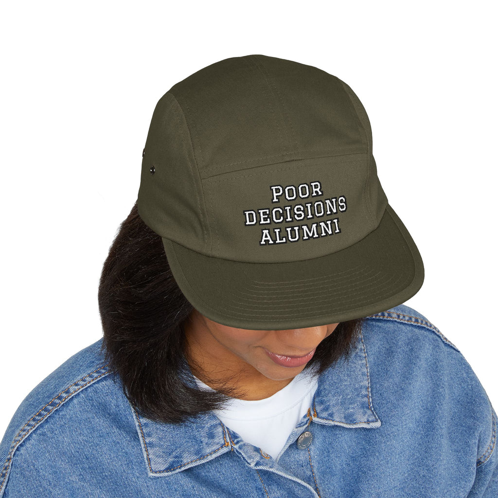 Poor Decisions Alumni 5-Panel Cap | Embroidered Tan Camper Hat