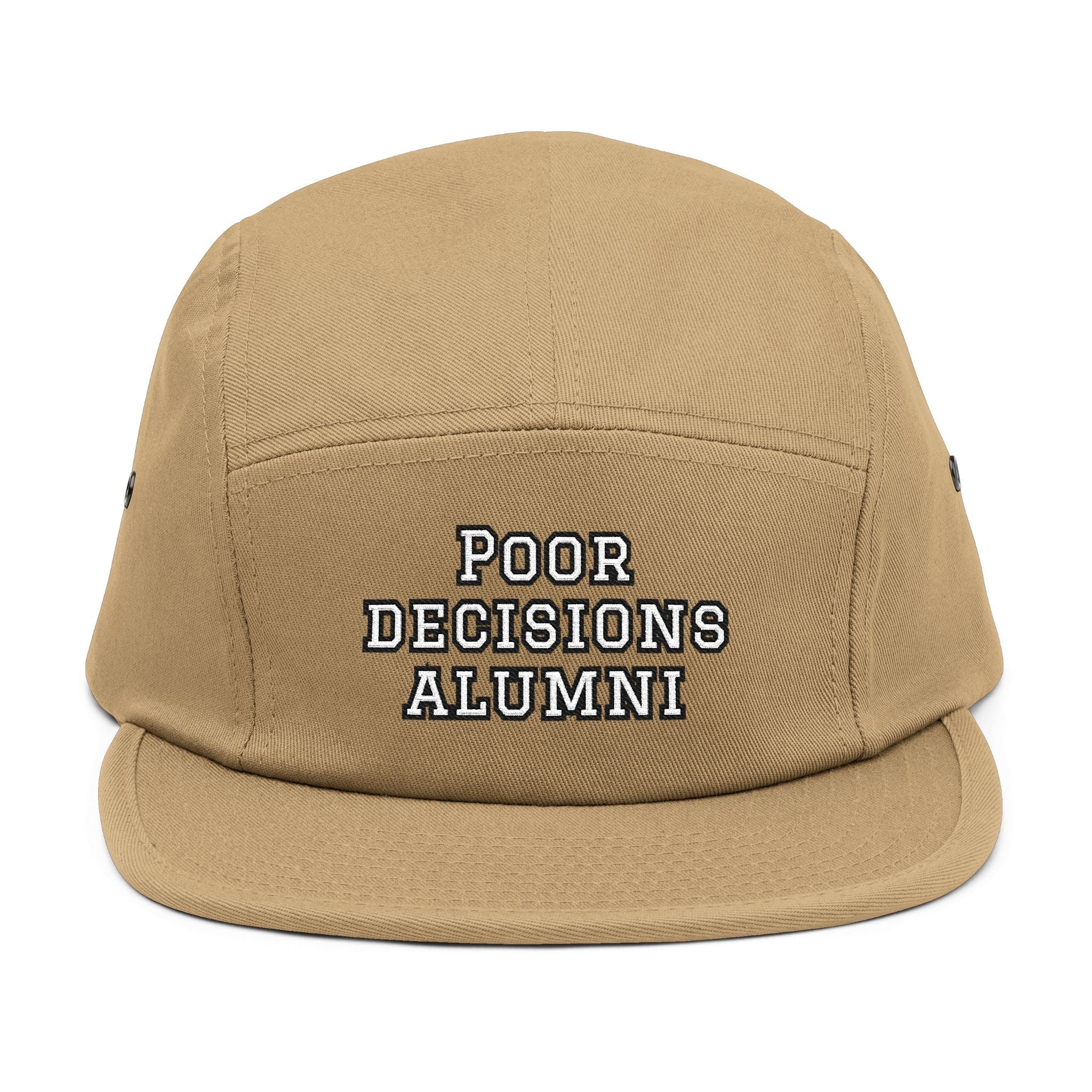 Poor Decisions Alumni 5-Panel Cap | Embroidered Tan Camper Hat