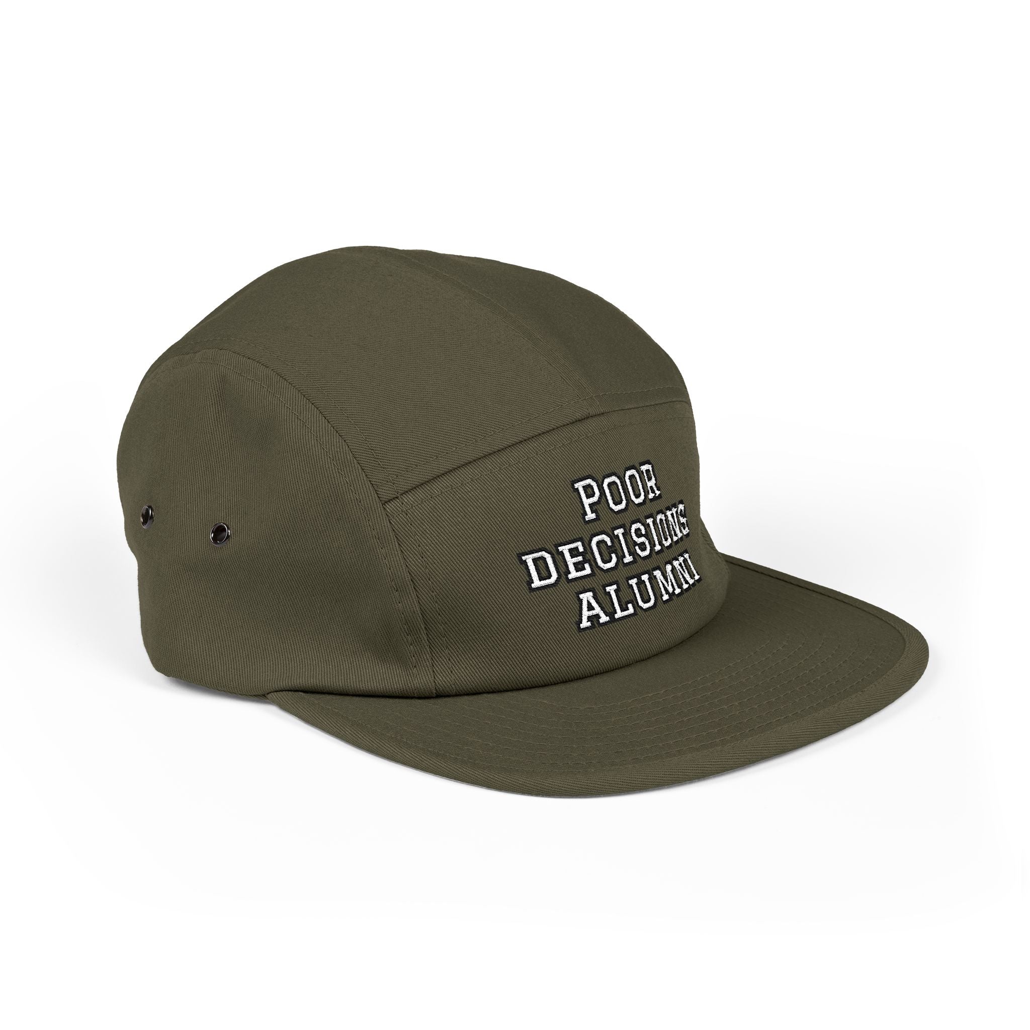 Poor Decisions Alumni 5-Panel Cap | Embroidered Tan Camper Hat