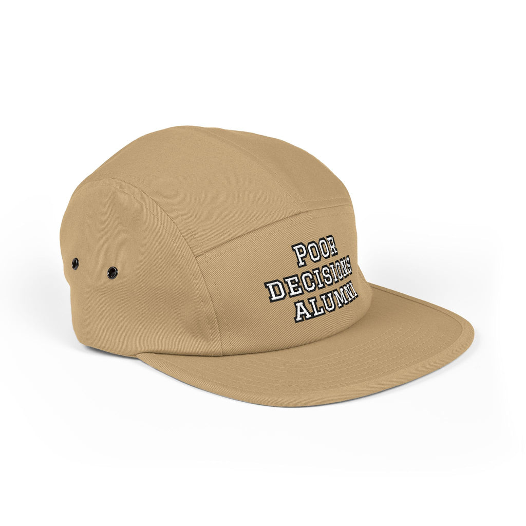 Poor Decisions Alumni 5-Panel Cap | Embroidered Tan Camper Hat