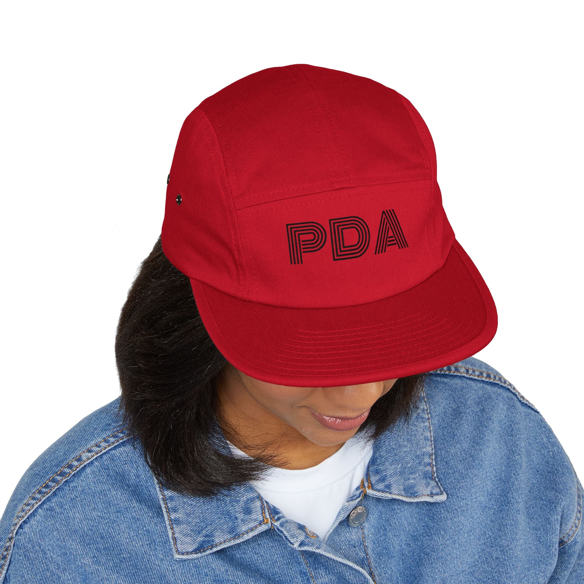 PDA striped outline 5 Panel Cap | embroidered logo