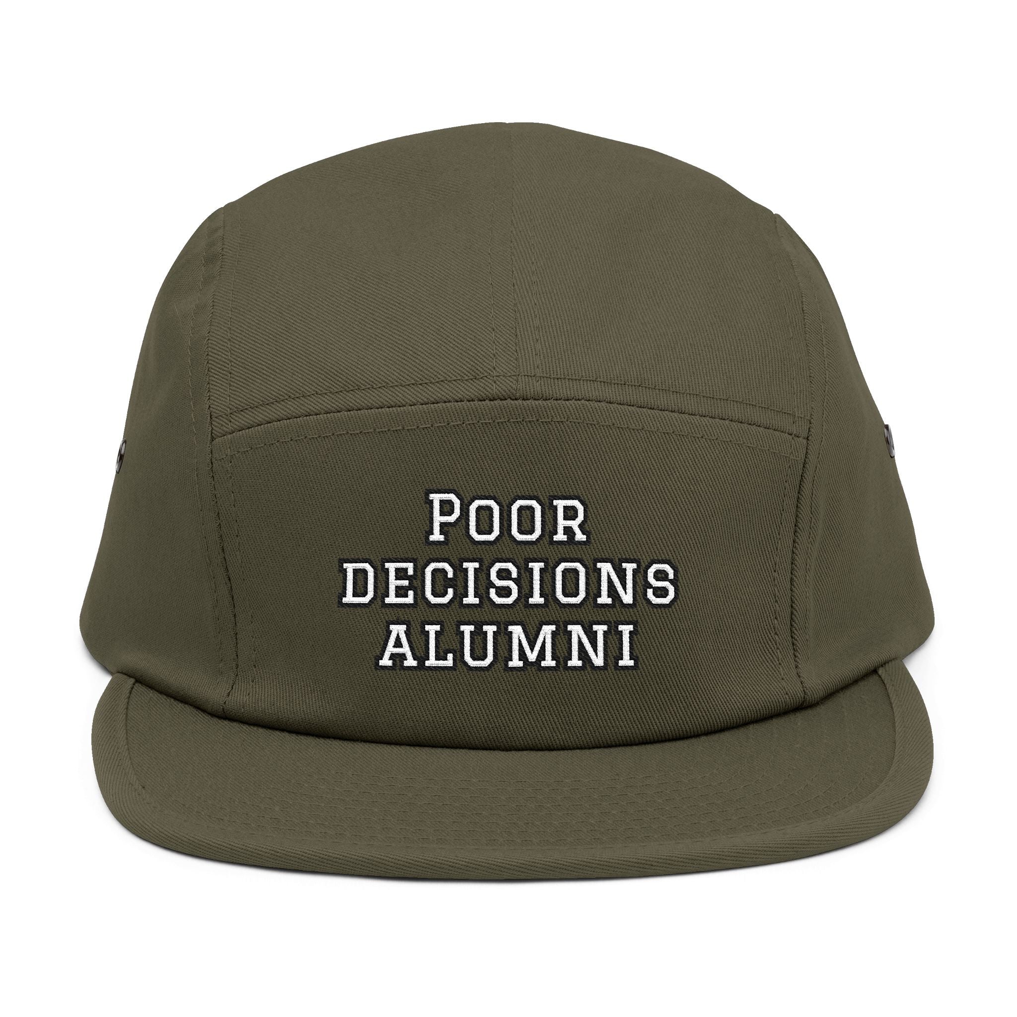 Poor Decisions Alumni 5-Panel Cap | Embroidered Tan Camper Hat