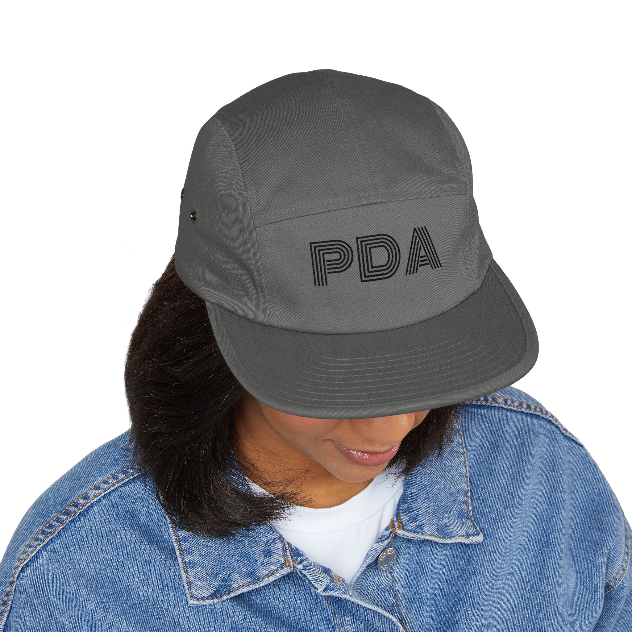 PDA striped outline 5 Panel Cap | embroidered logo